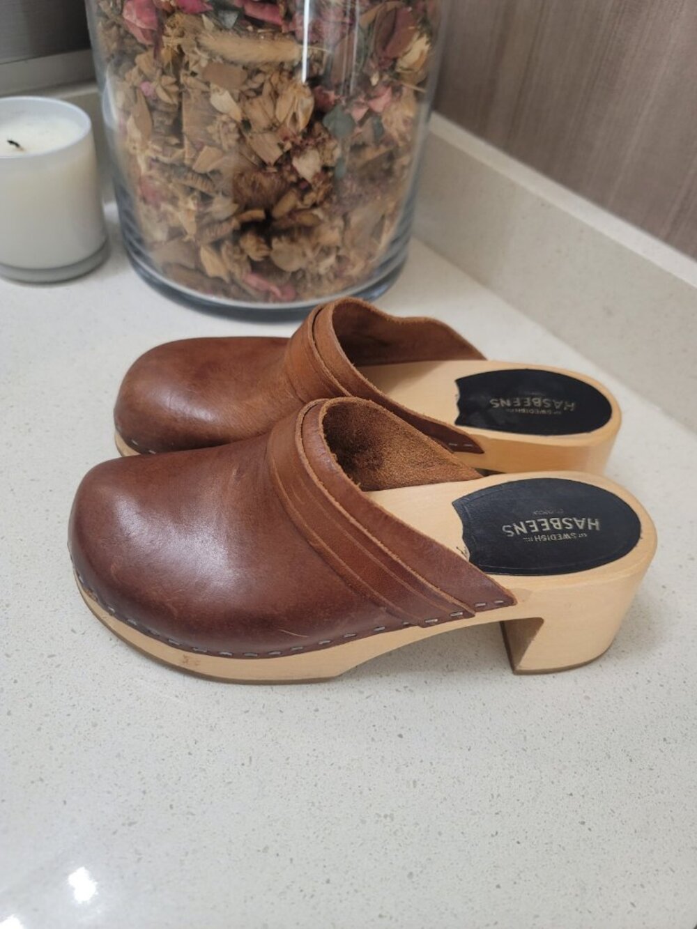 SWEDISH HASBEENS Clogs Classic Leather Wood Platform Mule Brown SZ 39/8.5 - Picture 4 of 8